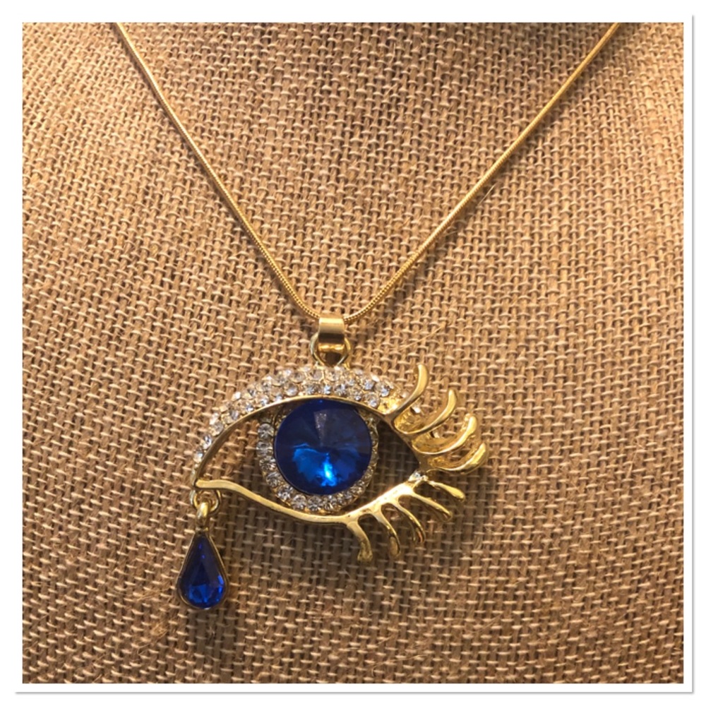 Dark Blue Eye With Tear Necklace